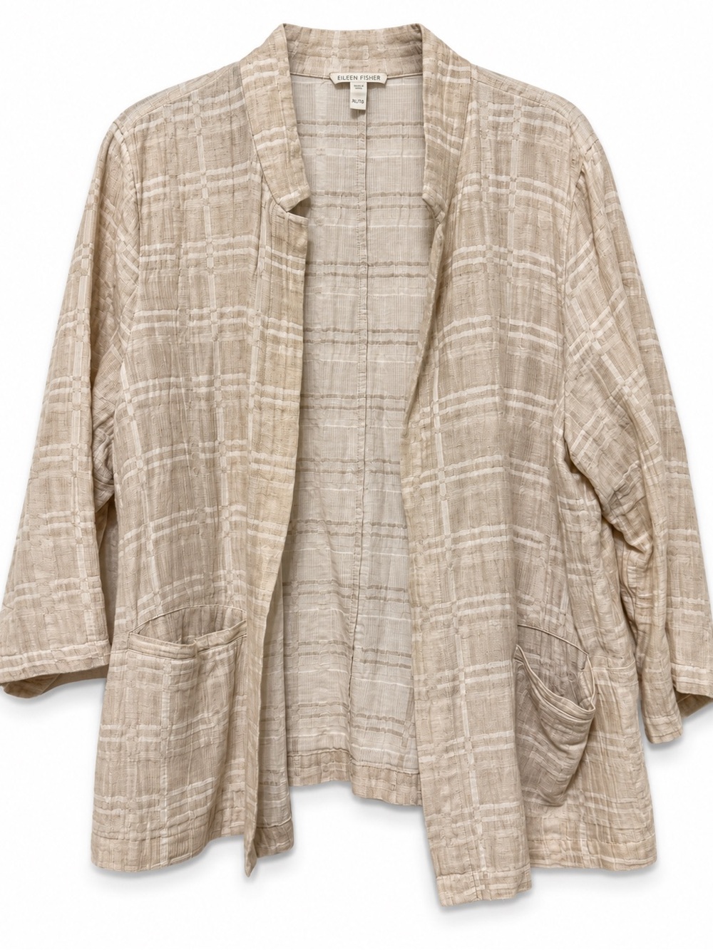 🦋 Eileen Fisher| Organic Cotton Linen Plaid Open Front Cardigan XL Beige